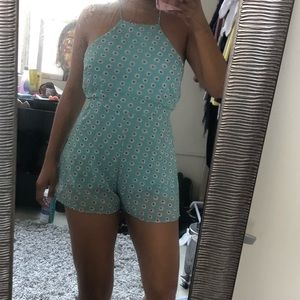 Blue Floral Backless Romper w/ Pockets